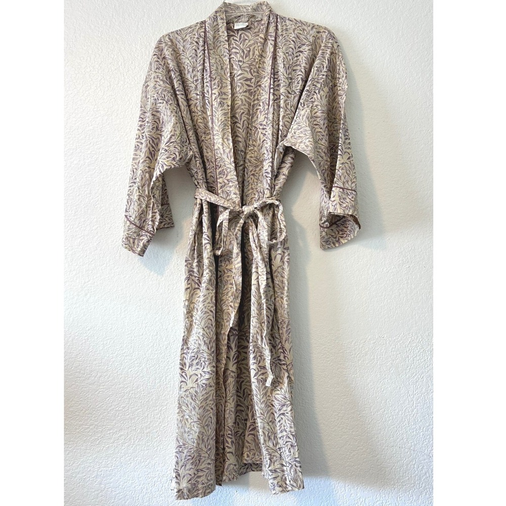 Handprint Online Cotton Robe Purple Cream Leaf Block Print‎ Kimono One Size OS